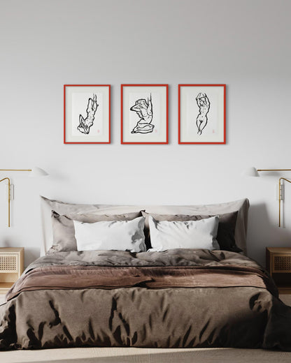 Fragmented Selves: A Triptych in Lines. Original figurative drawing - in contemporary bedroom