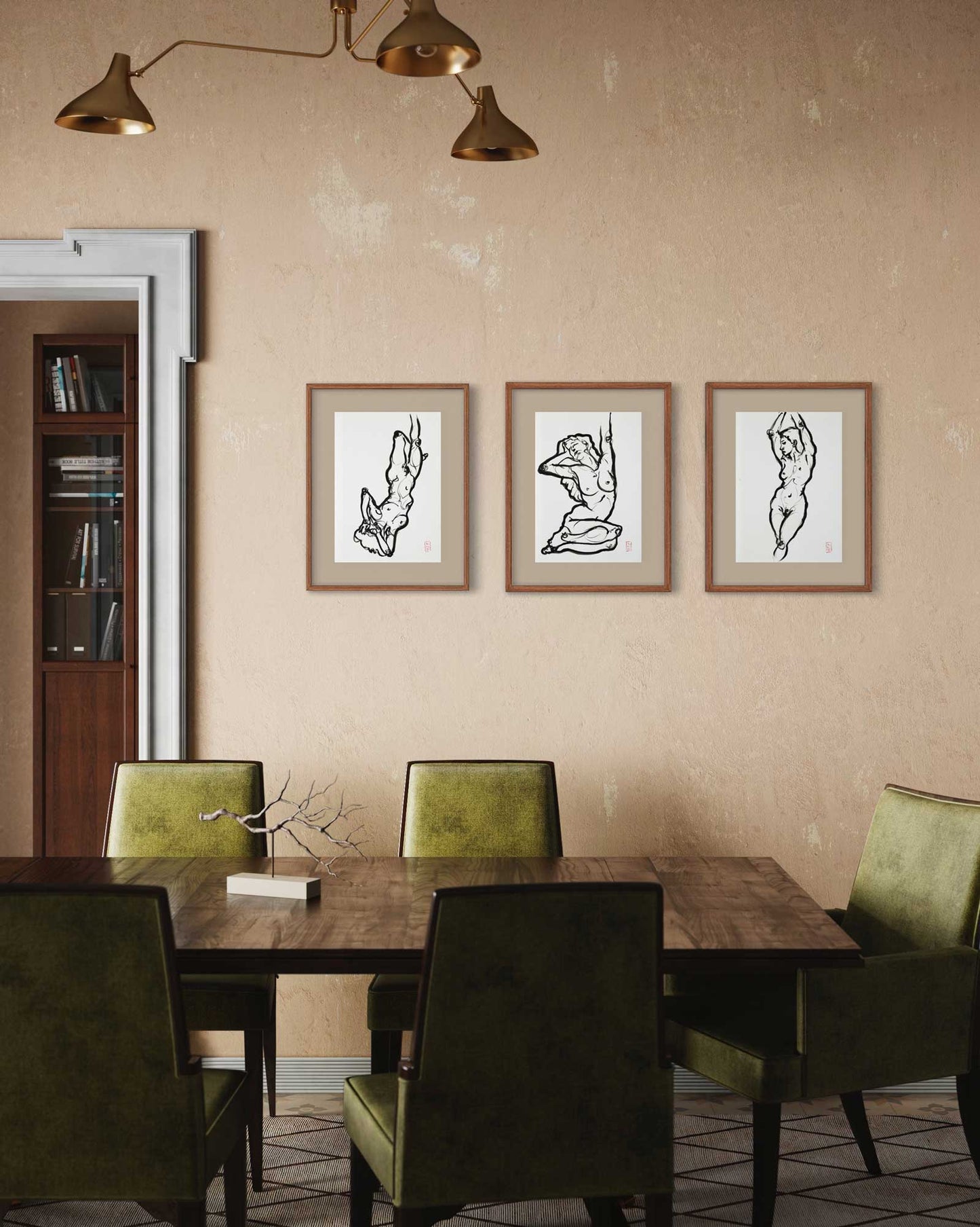 Fragmented Selves: A Triptych in Lines. Original figurative drawing - contemporary guest room