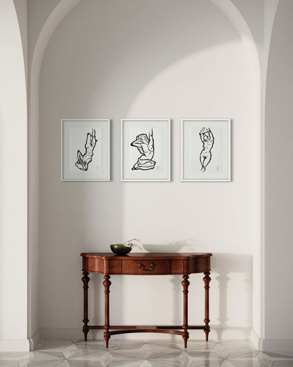 Fragmented Selves: A Triptych in Lines. Original figurative drawing - contemporary interior
